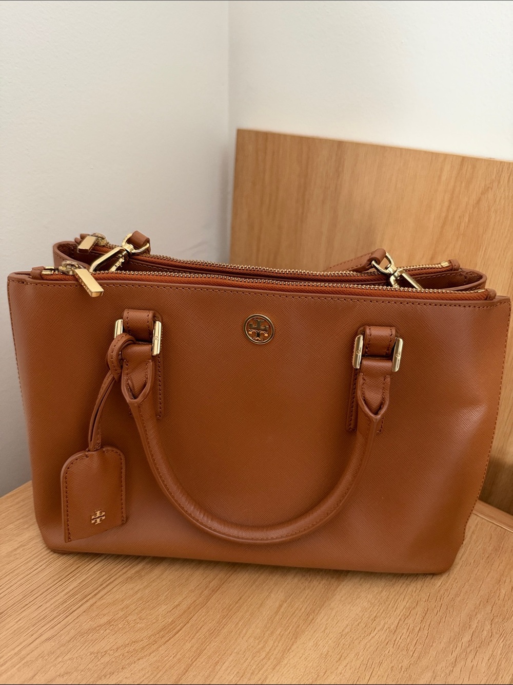 Tory Burch Cognac Leather Double-Zip Satchel